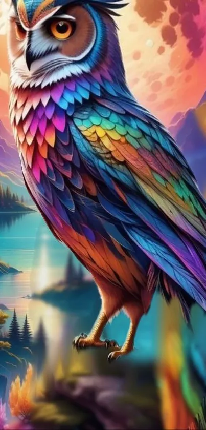 Colorful owl perched in a fantasy world with a dreamy landscape.