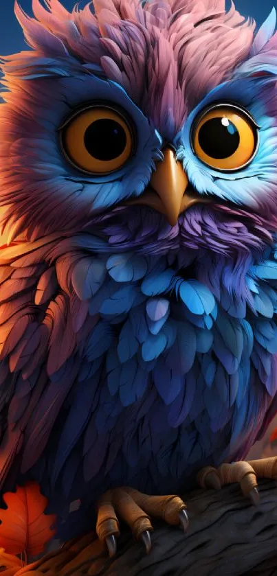 Vibrant owl with blue and purple feathers in mobile wallpaper.