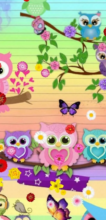 Vibrant rainbow owl wallpaper with butterflies and flowers.