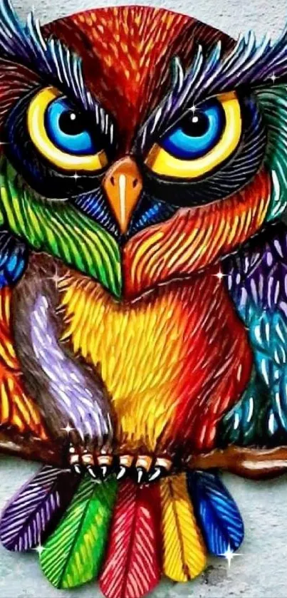 Vibrant and colorful owl design with feathers.