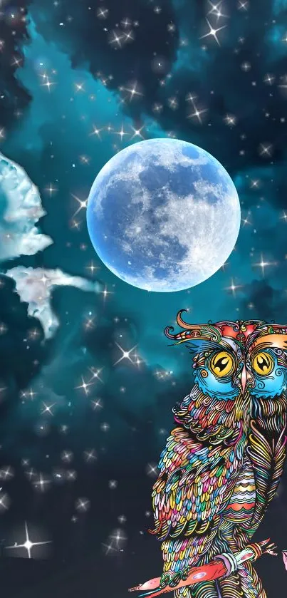 Colorful owl under a bright full moon with sparkling stars.