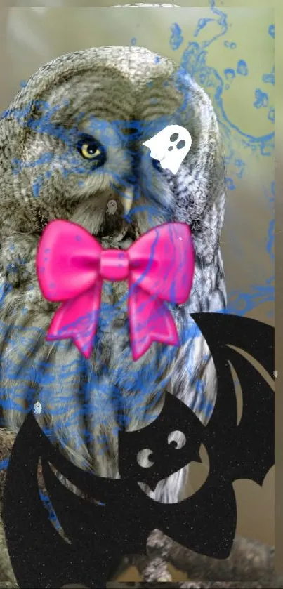 A colorful owl with a pink bow and black bat design on a branch.