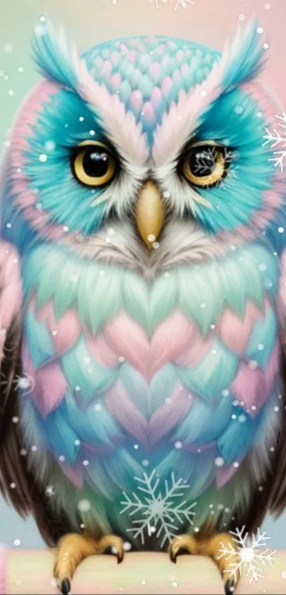 Whimsical fantasy owl with pastel colors and snowflakes in a magical setting.