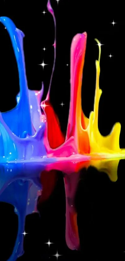 Dynamic colorful paint splash wallpaper on black background.