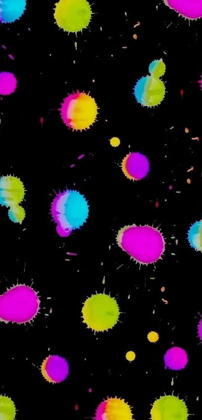 Bright, colorful paint splatter on a black background wallpaper.