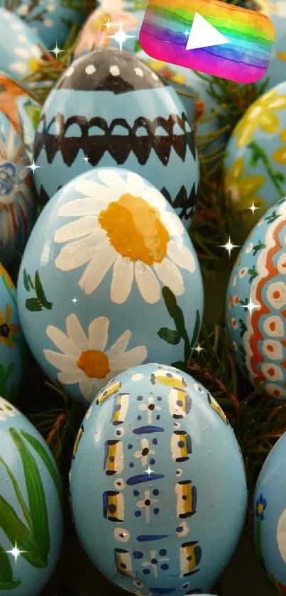 Vibrant Easter eggs with floral designs in blue hues for festive wallpaper.