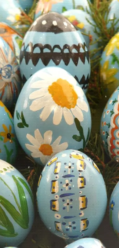 Artistic Easter eggs with floral and geometric designs on a festive background.