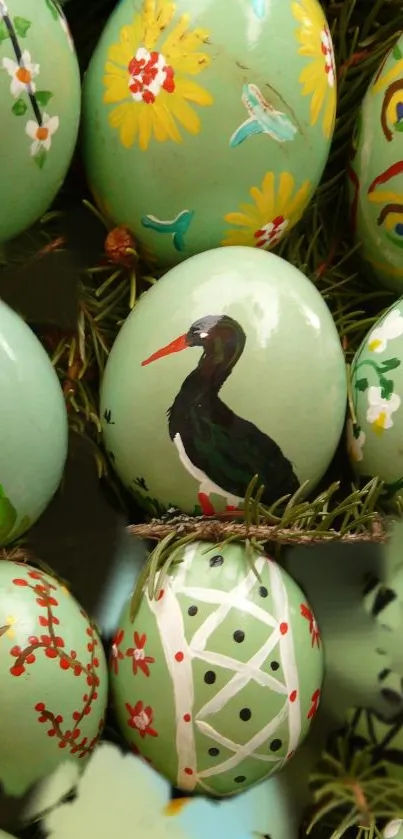 Colorful hand-painted Easter eggs with floral and bird designs.