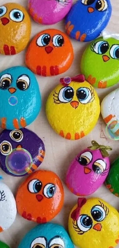 Colorfully painted rock owls on wooden background.