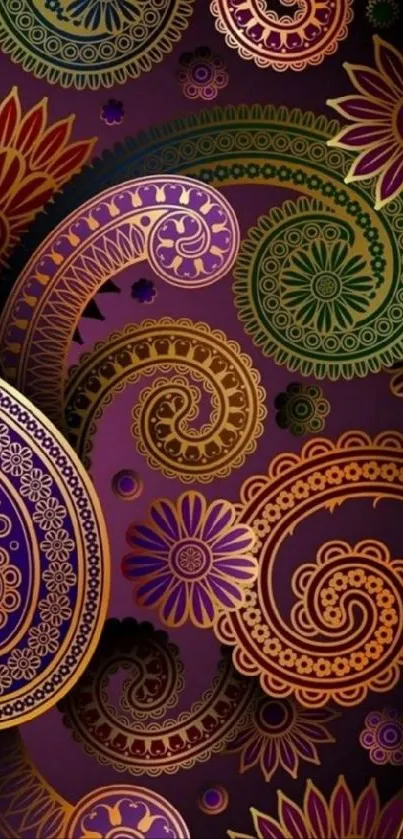 Vibrant paisley wallpaper with intricate, colorful patterns in purple tones.