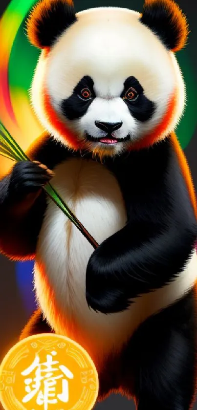 Vibrant panda holding neon lights on a dark background, perfect for mobile screens.