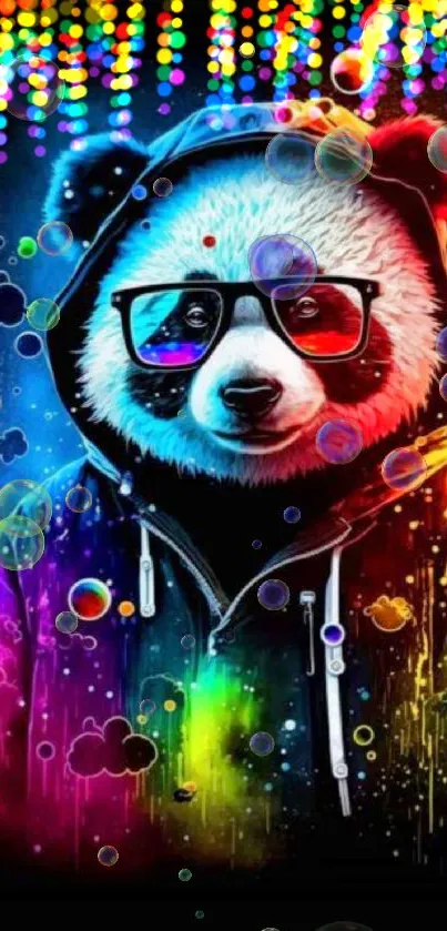 Colorful panda in hoodie with vibrant abstract background.