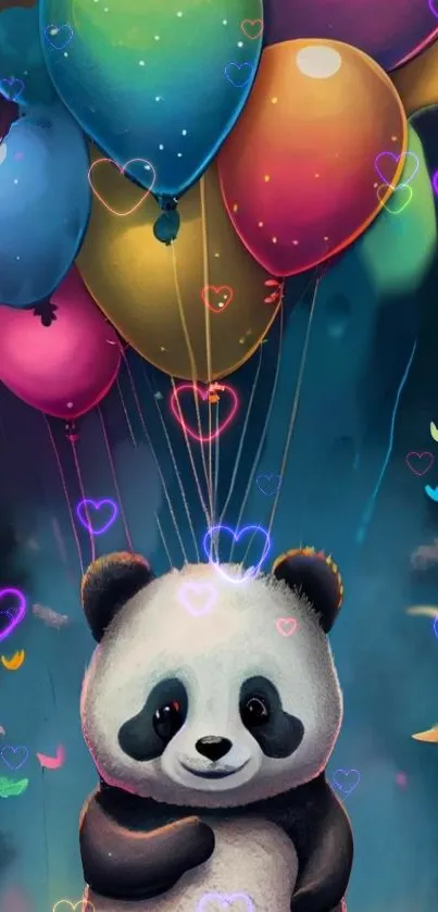 Cute panda with colorful balloons and heart lights.