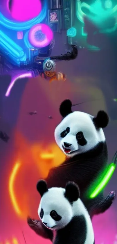 Two pandas in a neon futuristic digital art style on a colorful background.