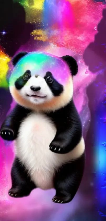 A colorful panda stands in a vibrant galaxy background.