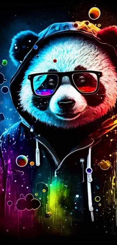 Colorful panda wearing a hoodie and glasses in vibrant cosmic art style.