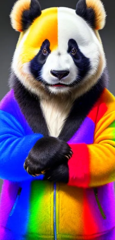 Vibrant panda wearing a colorful jacket on dark background.