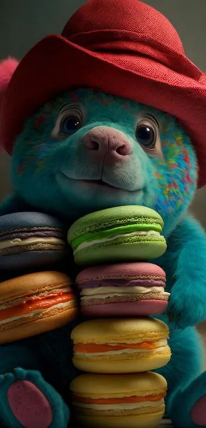 Playful blue panda with macarons in a whimsical mobile wallpaper.