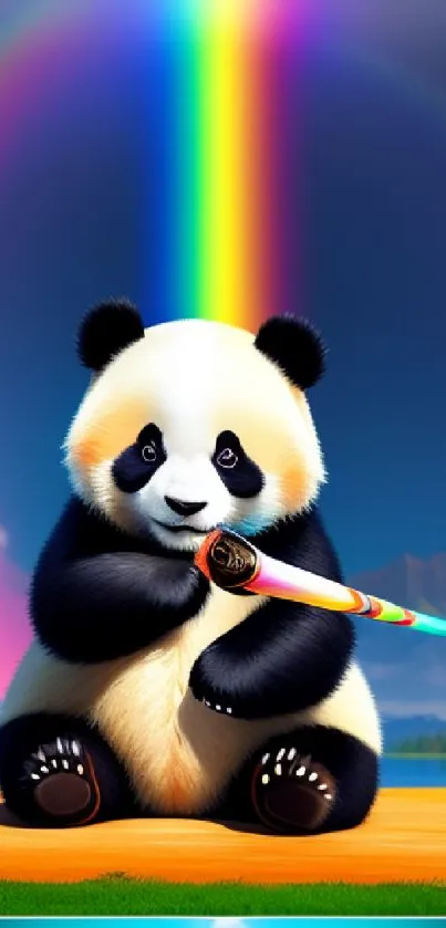 Cute panda with a rainbow in a whimsical, artistic mobile wallpaper.