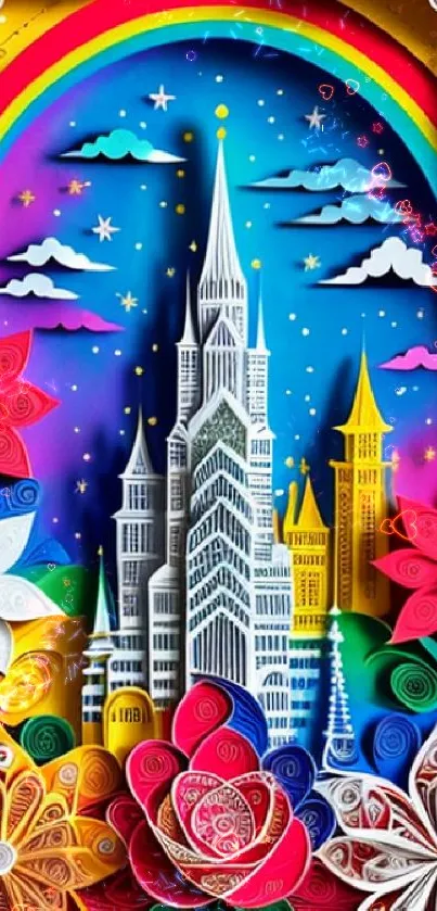 Vibrant paper art wallpaper with a whimsical castle and colorful flowers.