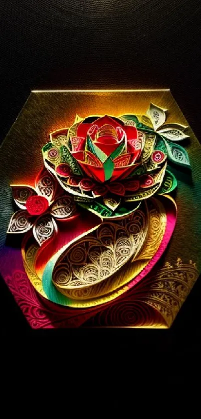 Intricate and colorful paper art in a hexagonal shape on black background.