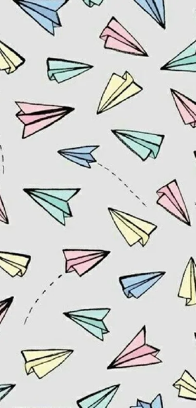 Colorful paper planes wallpaper with pastel hues on gray background.