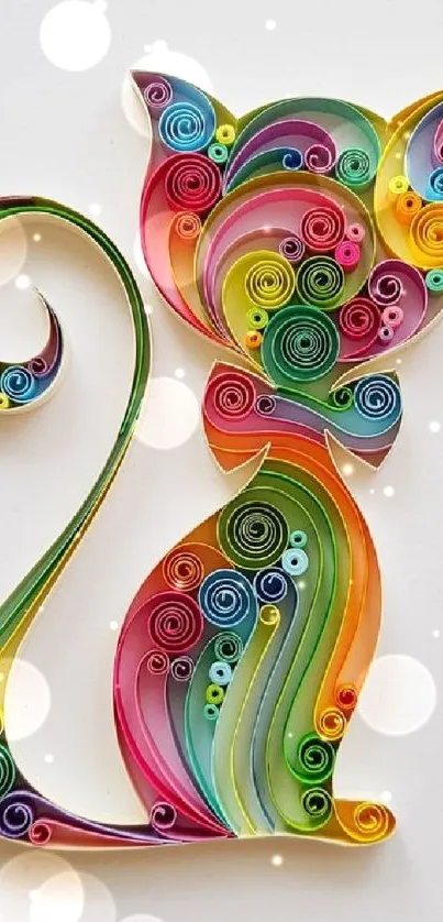 Colorful paper quilling art of a cat on a white background.