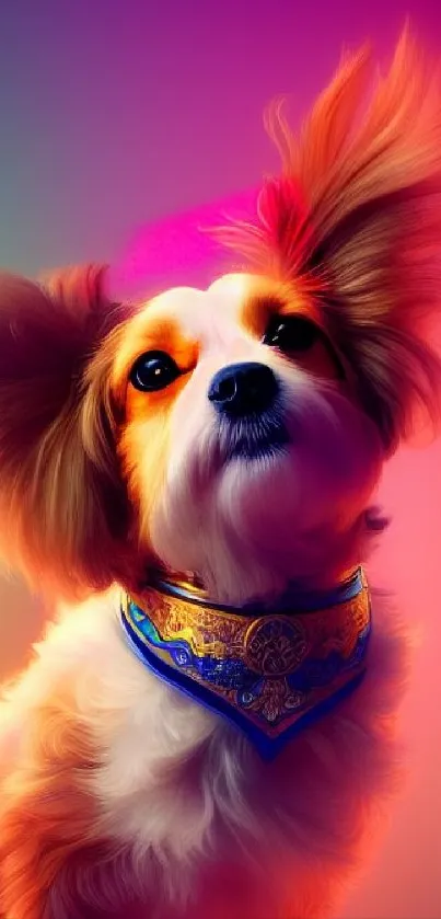 Vibrant artistic Papillon dog with colorful background.