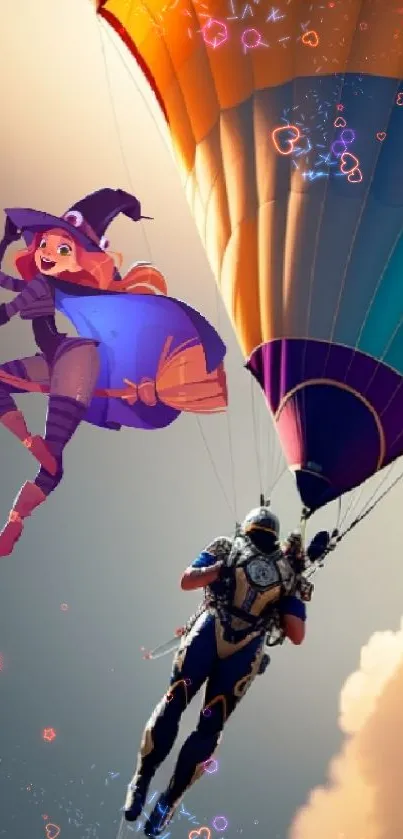 Colorful adventure scene with parachute and whimsical character.