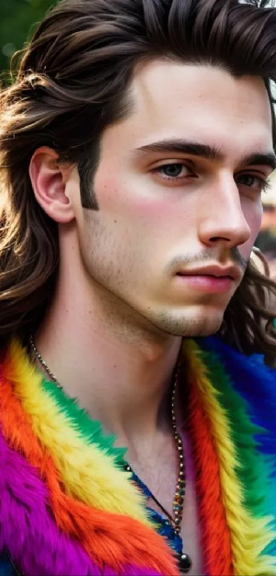 Vibrant portrait of a person in colorful fashion at a parade.