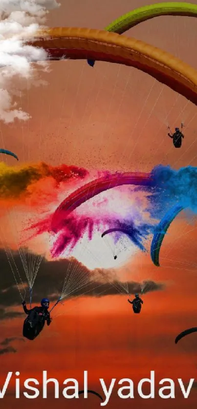 Paragliders soaring in a colorful sunset sky forming a vibrant pattern.