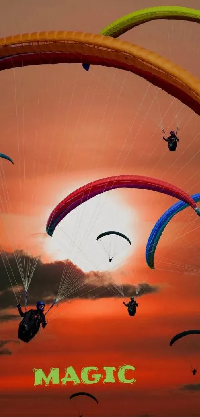 Vibrant paragliders in orange sunset sky, creating a magical scene.