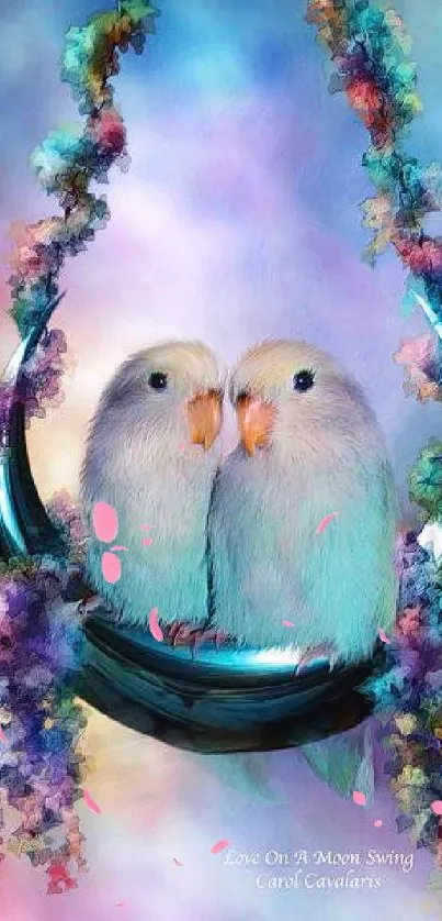 Two parakeets on a swing with colorful abstract background.