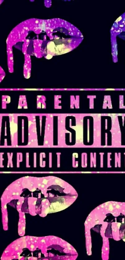 Vibrant lips with Parental Advisory design on black background.