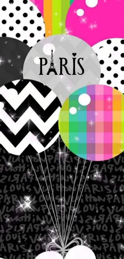 Paris-themed wallpaper with colorful balloons and patterns.