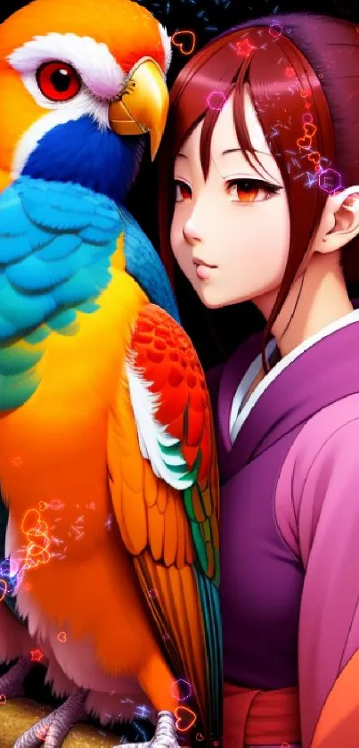 Anime girl with a colorful parrot on a vibrant orange background.