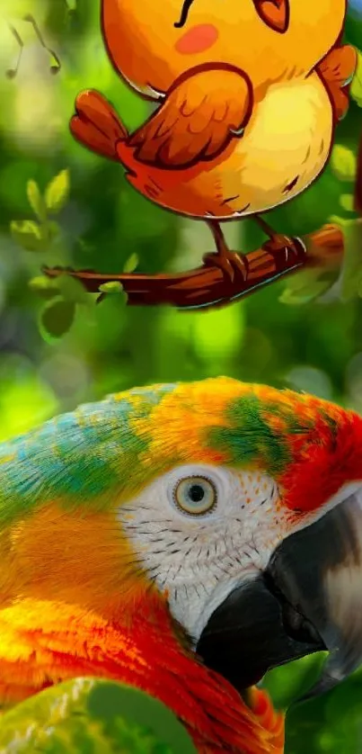 Vibrant wallpaper with parrot and cartoon bird in nature.