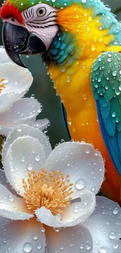 Colorful parrot with dewy white flowers mobile wallpaper.