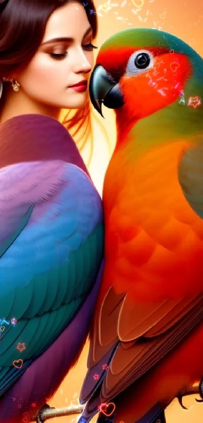 Colorful parrot with elegant woman art wallpaper.