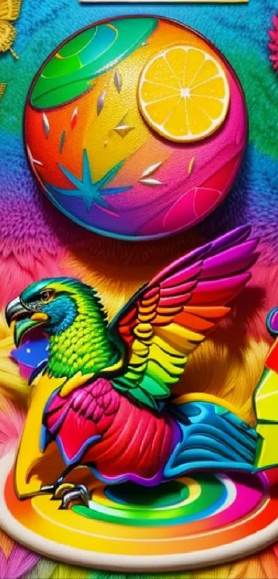 Vibrant rainbow parrot on a colorful psychedelic background.