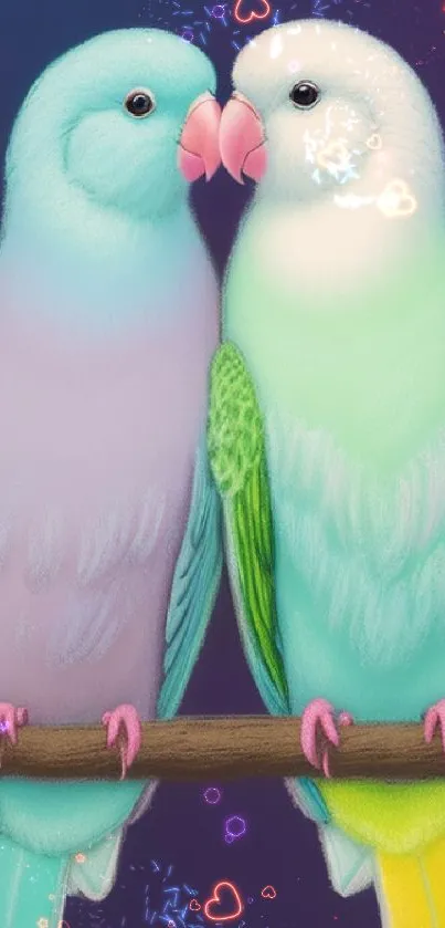 Two pastel-colored parrots on a branch, vibrant mobile wallpaper.