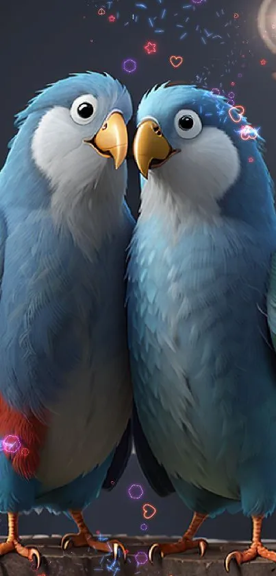 Two colorful parrots perched together, vibrant wallpaper.