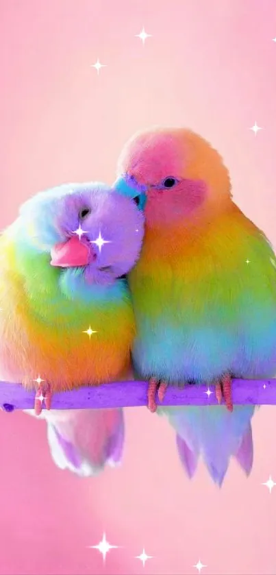 Two colorful parrots on a pink background.