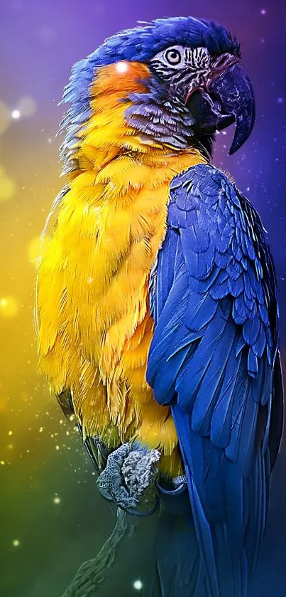 Vivid yellow and blue parrot on a colorful fantasy background.