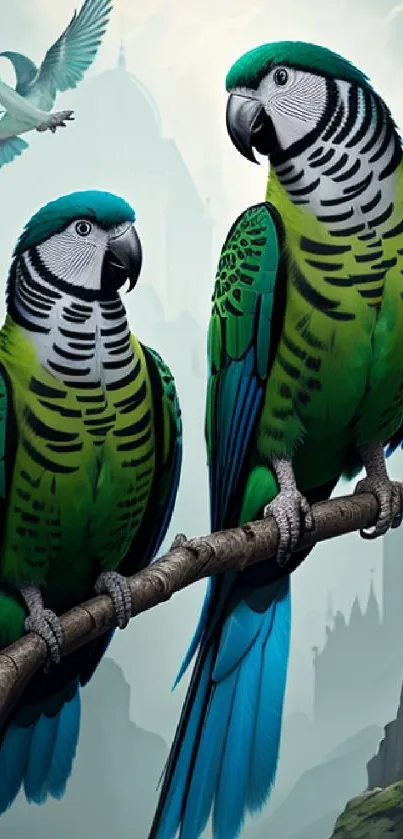 Vibrant illustration of parrots in a fantasy setting for mobile wallpaper.