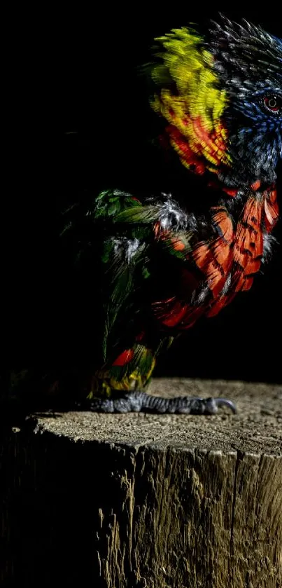 Vibrant parrot perched on stump with black background.