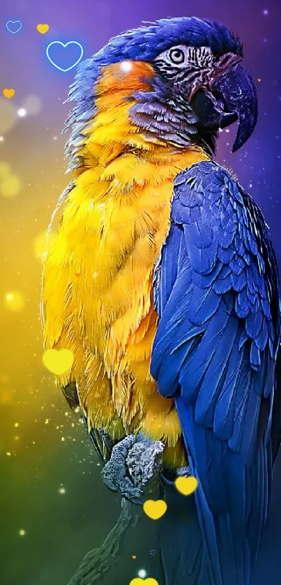 Vibrant parrot with blue and yellow feathers on a galaxy background.