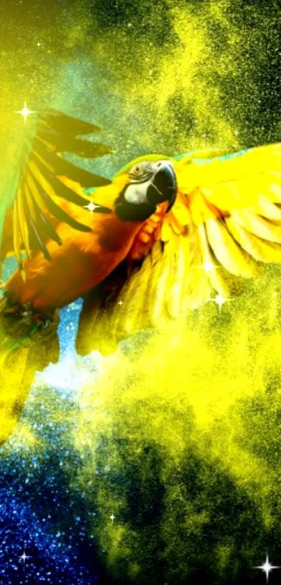 Vibrantly colorful parrot soaring with yellow and blue hues.