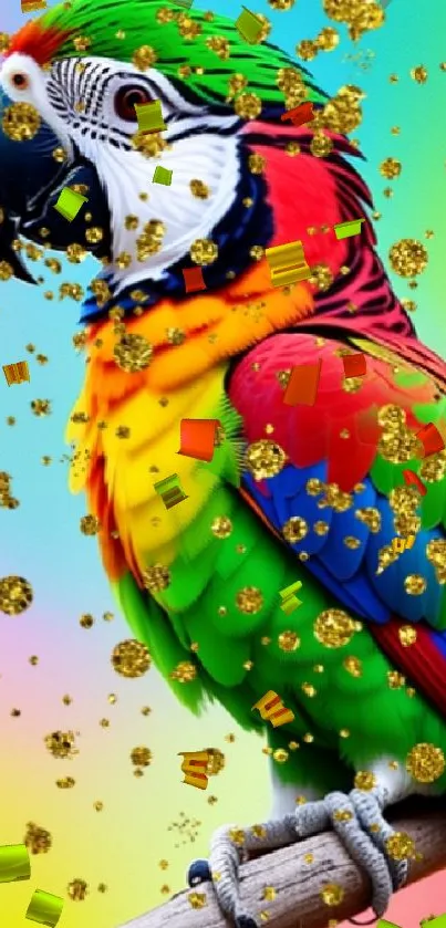 Vibrant parrot with glitter on rainbow background.