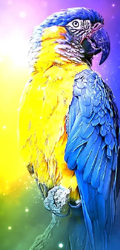 A vibrant parrot with blue feathers against a galaxy-like background.